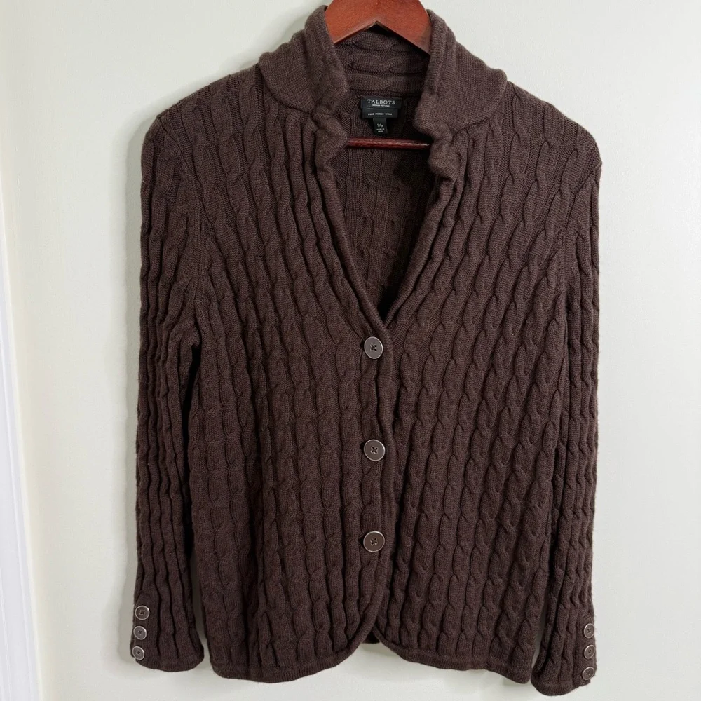 Talbots 100% Merino Wool Brown Cardigan Sweater Petite